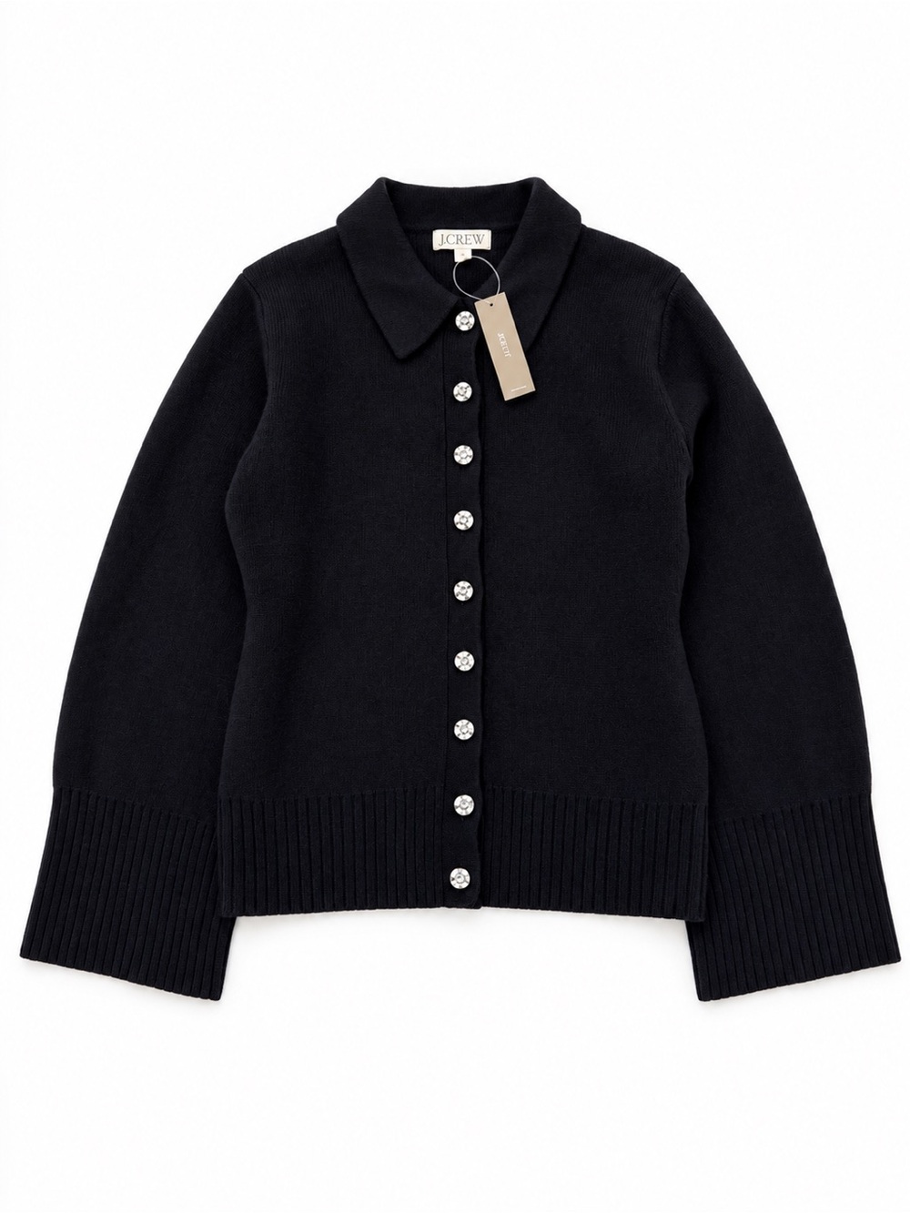 NWT J.Crew Milano-Stitch Lambswool Crystal Button Cinched-Waist Cardigan S - Picture 3 of 9